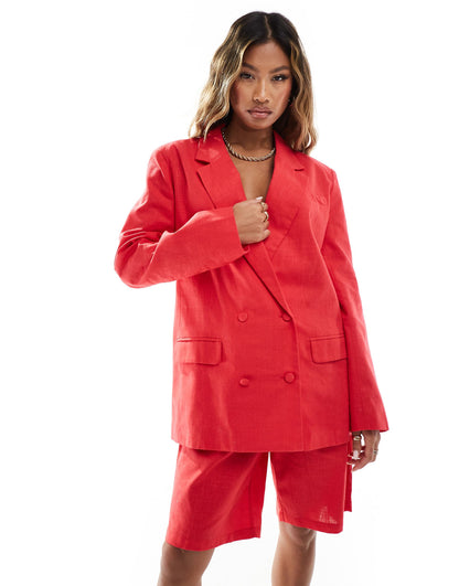 Linen Look Tailored Oversized Double Breasted Blazer Co-Ord