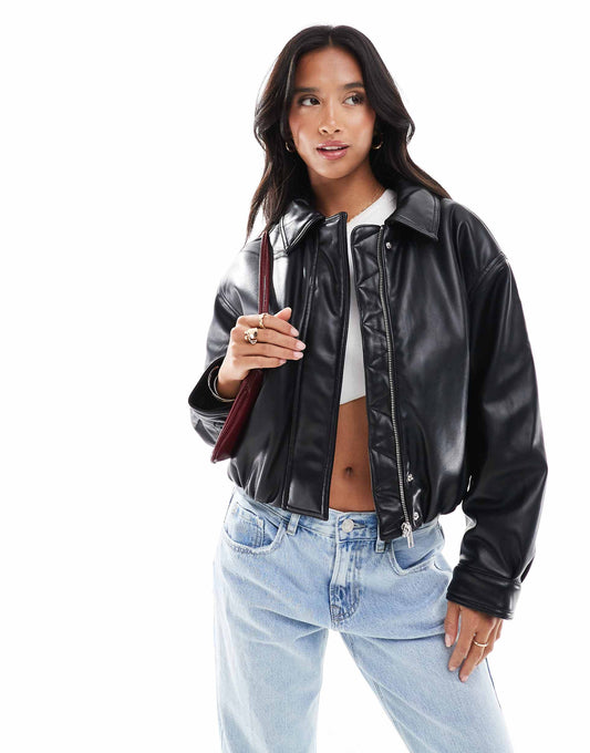 Petite Clean Leather Look Bomber Jacket