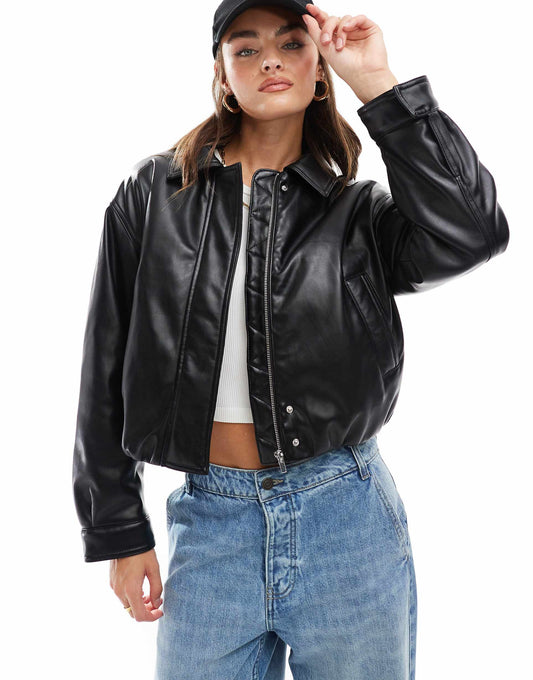 Clean Leather Look Bomber Jacket