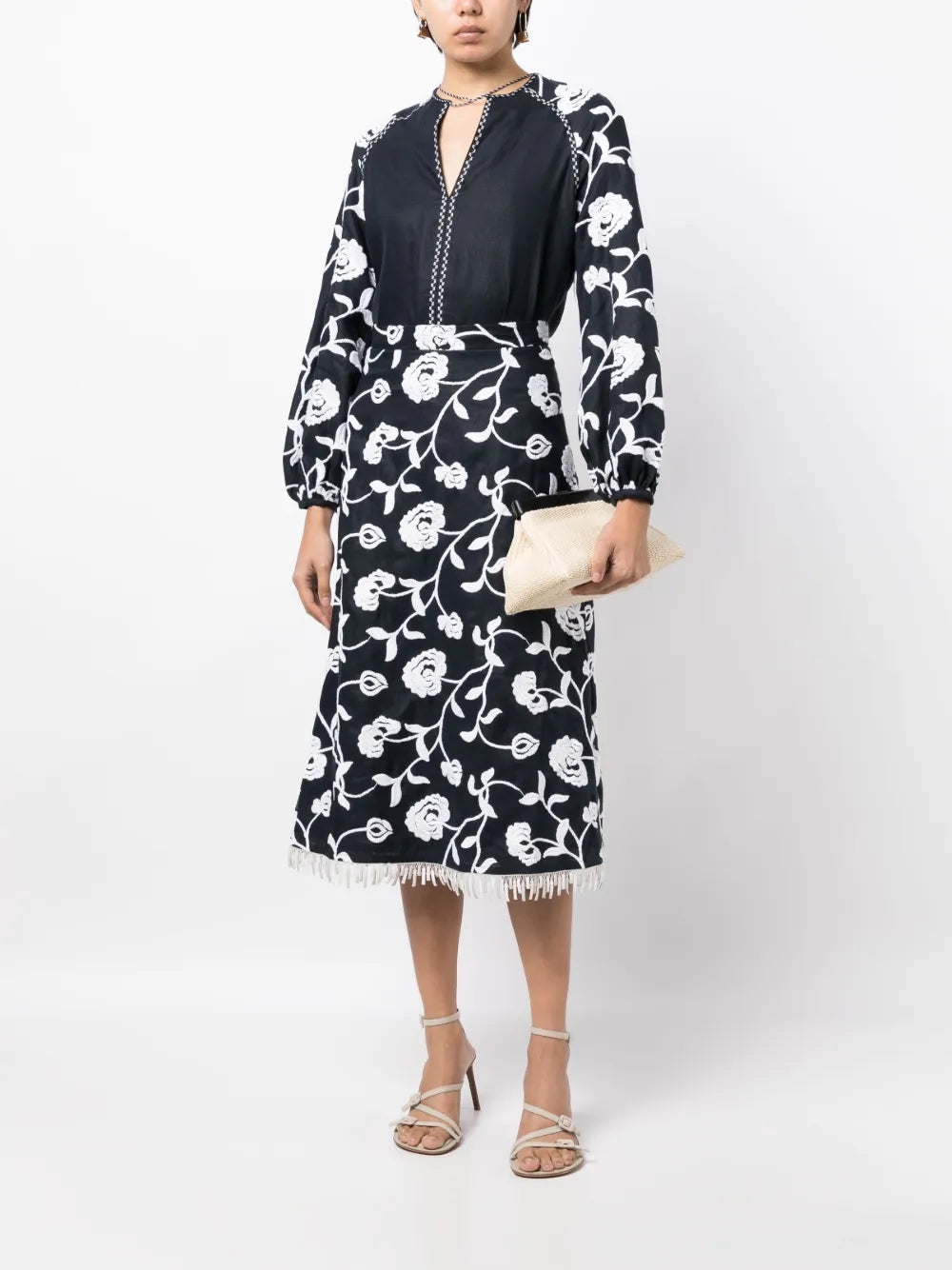 Floral-Embroidered A-Line Midi Skirt