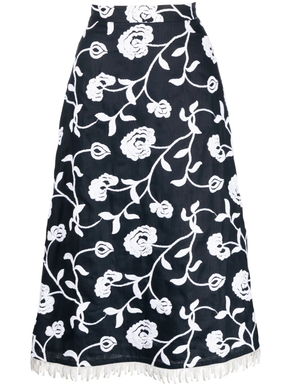 Floral-Embroidered A-Line Midi Skirt