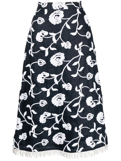 Floral-Embroidered A-Line Midi Skirt