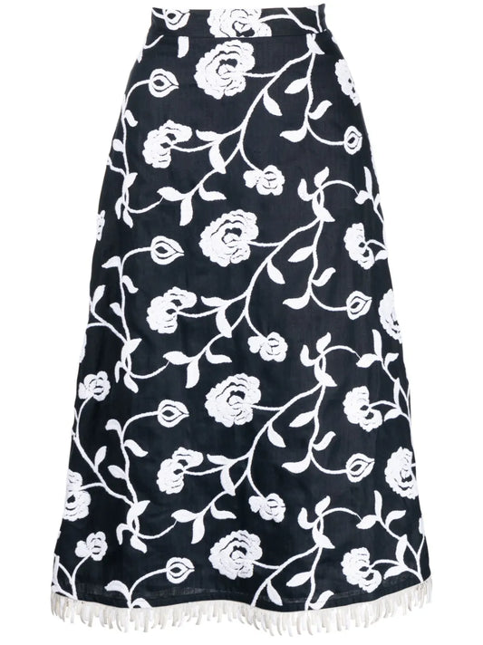 Floral-Embroidered A-Line Midi Skirt