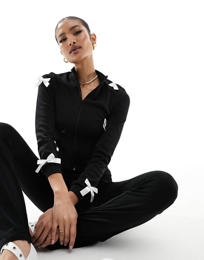 Ribbed Zip Through Contrast Bow Detail Jumper