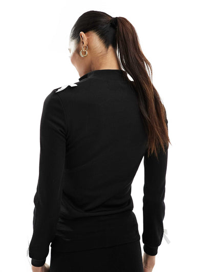 Ribbed Zip Through Contrast Bow Detail Jumper