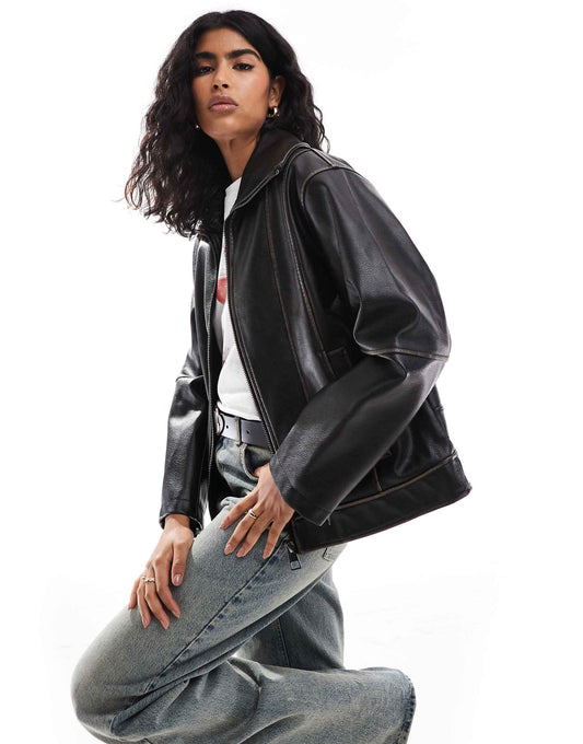 Funnel Neck Oversized Biker Jacket