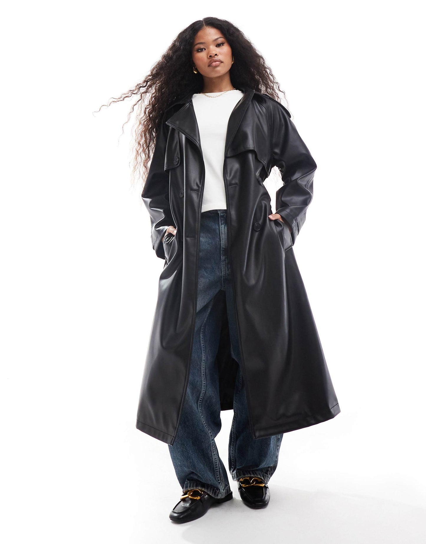 Petite Leather Look Trench Coat