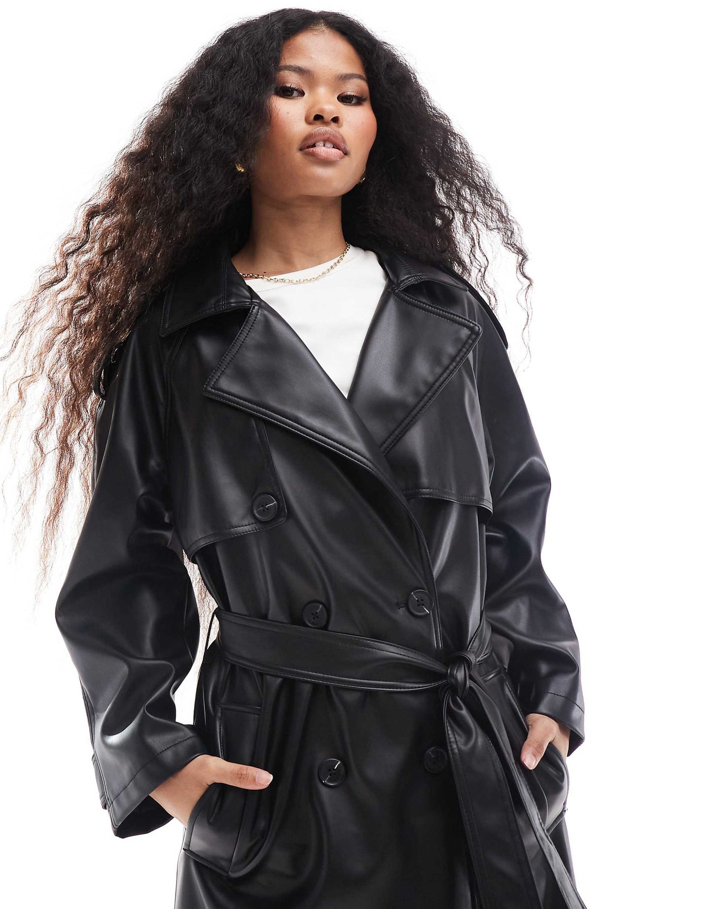 Petite Leather Look Trench Coat