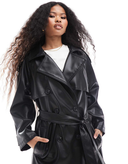 Petite Leather Look Trench Coat