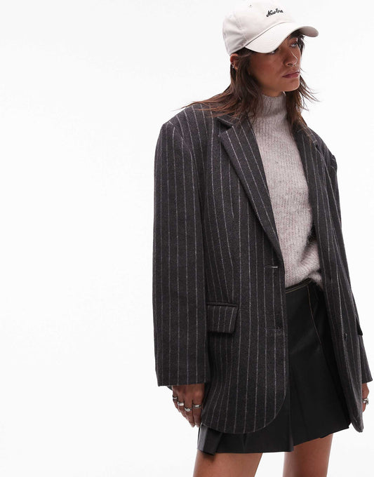 Brushed Wool Look Pinstripe Blazer Coat