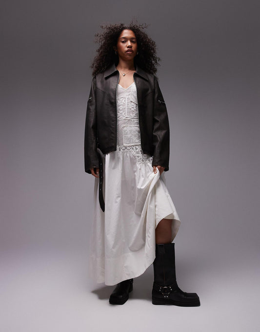 Faux Leather Centre Front Zip Biker Jacket