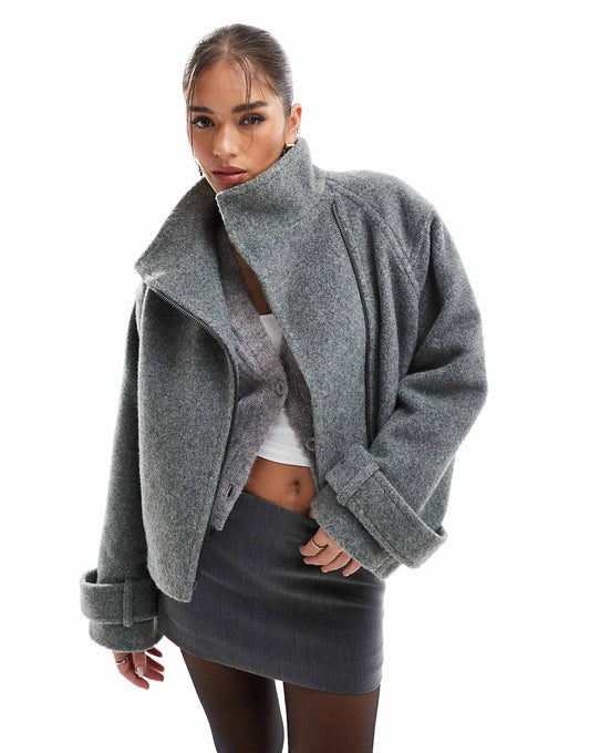 Funnel Neck Brushed Formal Biker Jacket