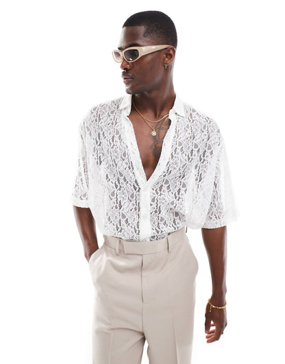 Relaxed Deep Neck Revere Lace Shirt