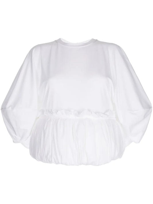 Long-Sleeve Puffball-Hem Blouse