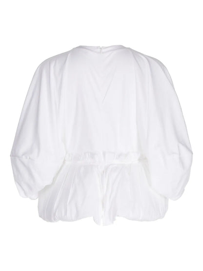 Long-Sleeve Puffball-Hem Blouse