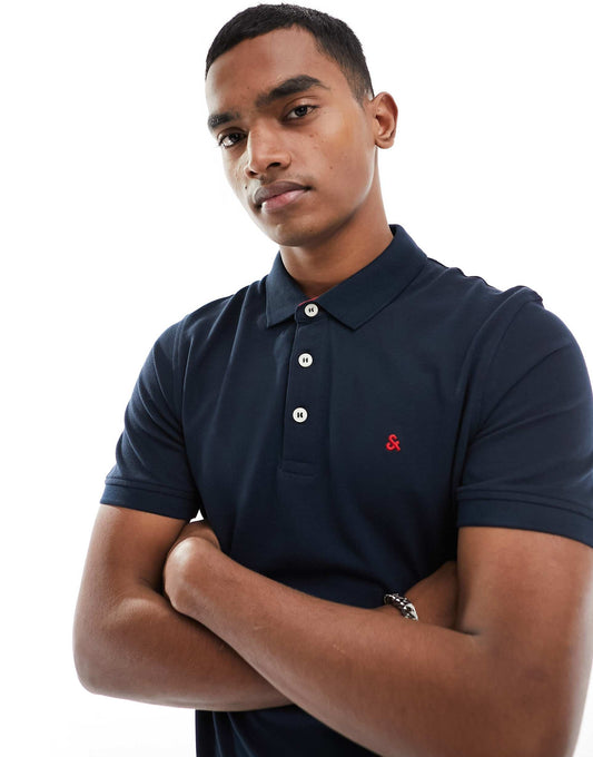 Essentials Slim Fit Tipped Pique Logo Polo Navy