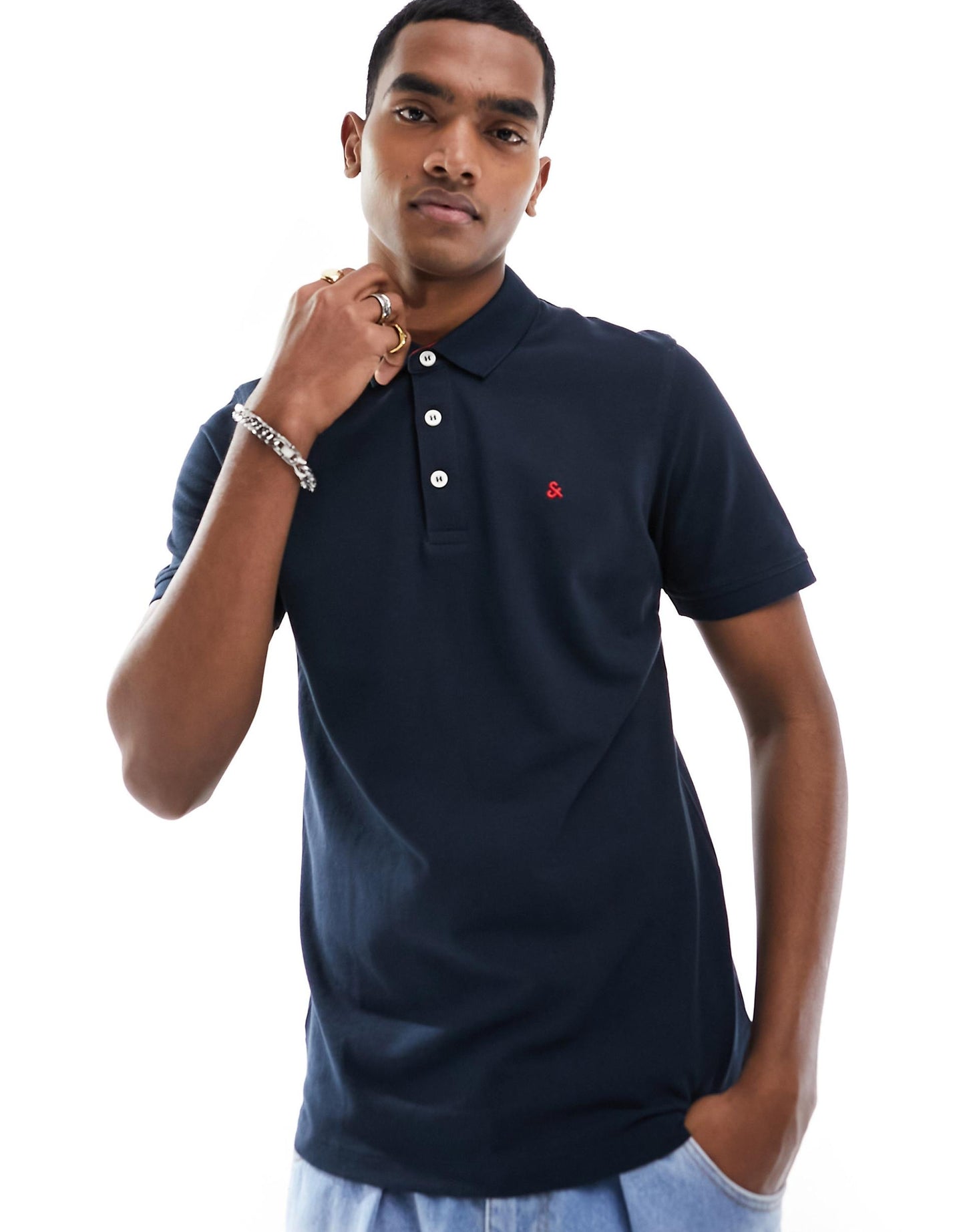 Essentials Slim Fit Tipped Pique Logo Polo Navy