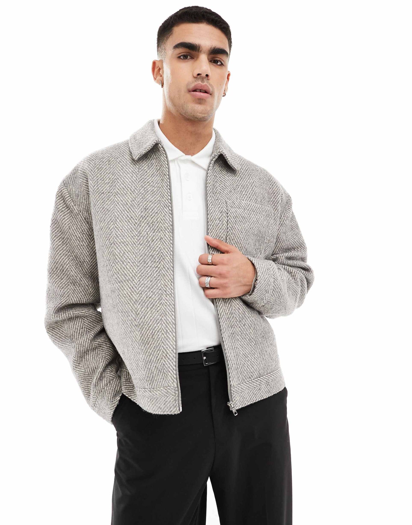 Oversized Wool Look Harrington Jacket With Herringbone