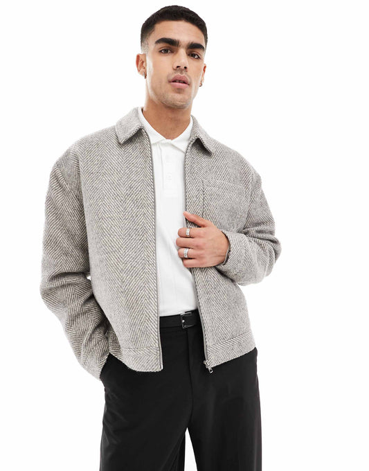 Oversized Wool Look Harrington Jacket With Herringbone