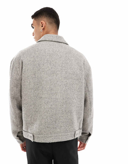 Oversized Wool Look Harrington Jacket With Herringbone
