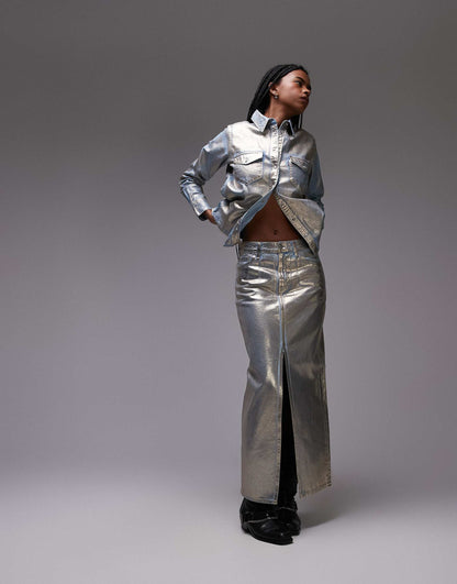 Maxi Column Metallic Denim Skirt