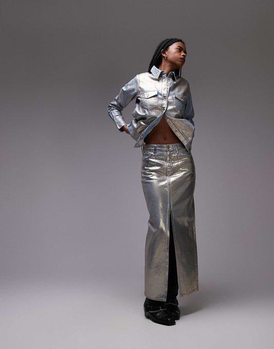 Maxi Column Metallic Denim Skirt