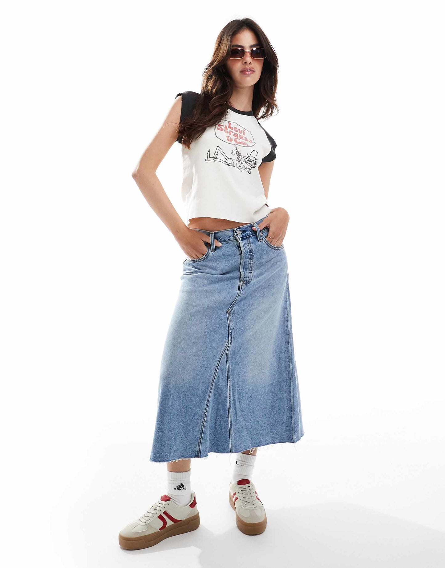 High Rise A Line Deconstructed Long Denim Skirt