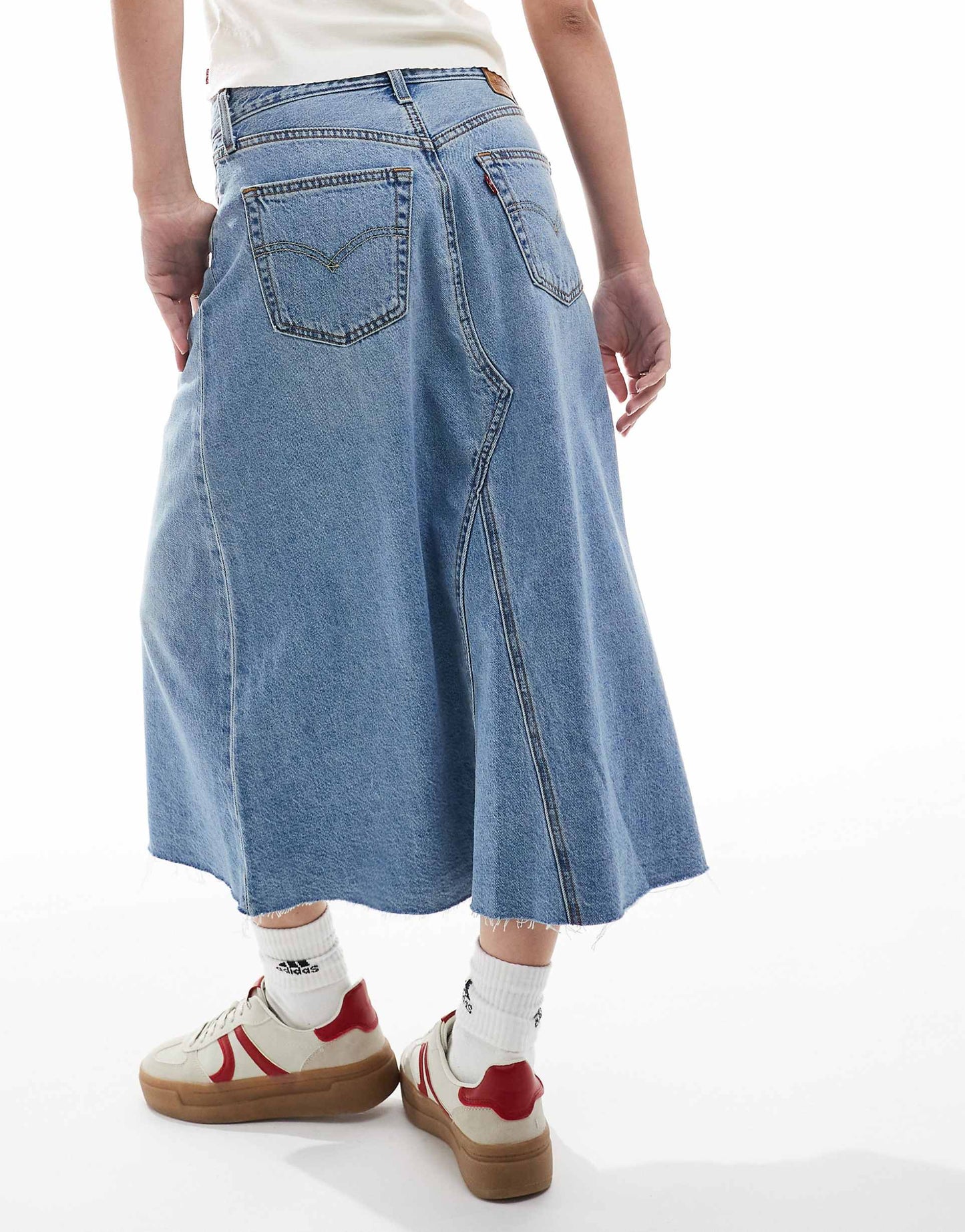 High Rise A Line Deconstructed Long Denim Skirt