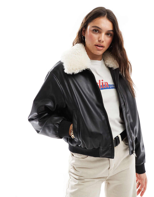 Harper Heritage Relaxed Fit Sherpa Collar Faux Leather Bomber Jacket