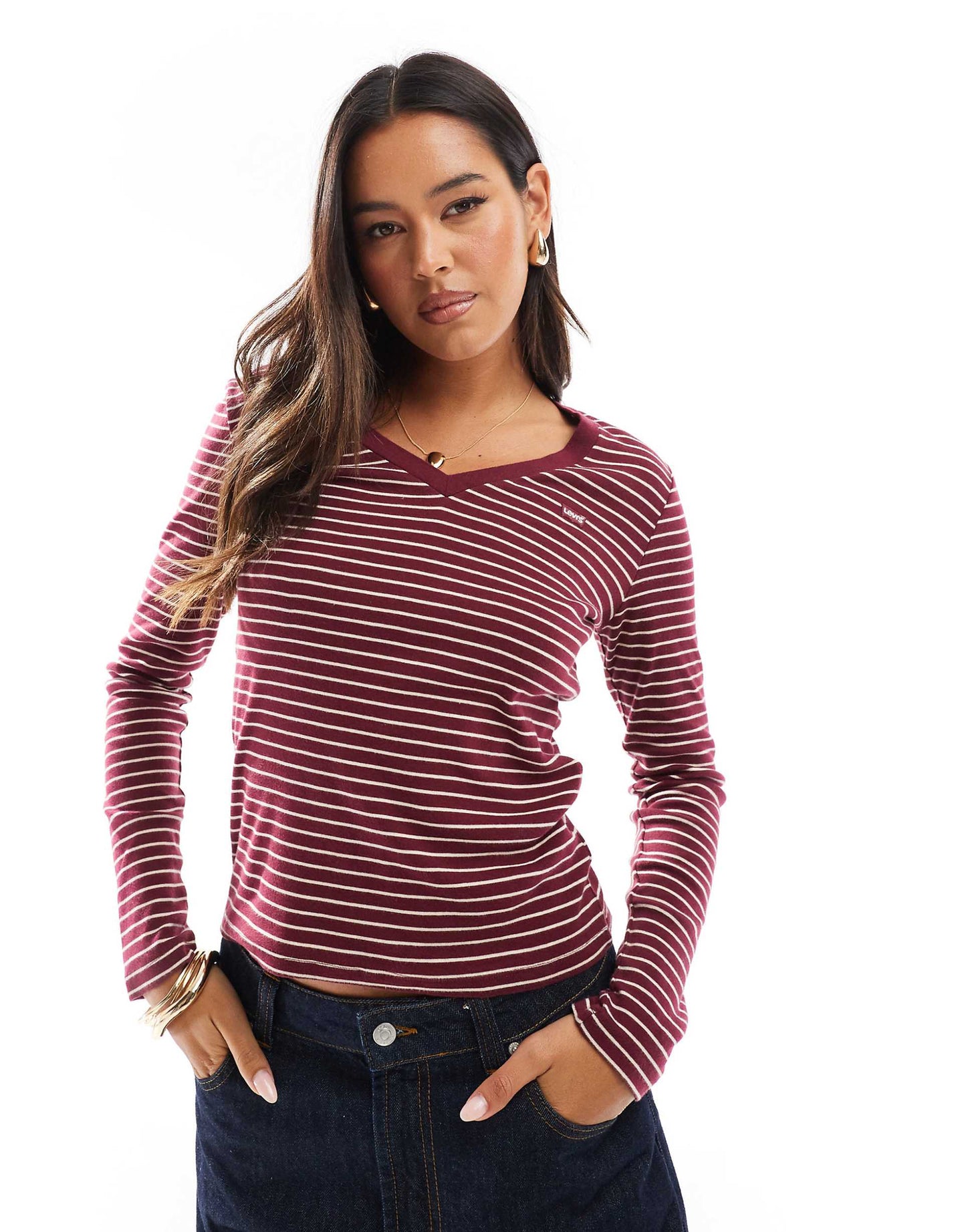 Small Batwing Logo Vneck Stripe Long Sleeve T-Shirt