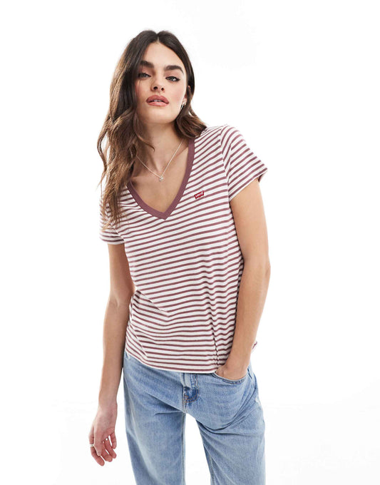 Perfect Vneck Small Batwing Logo Stripe T-Shirt