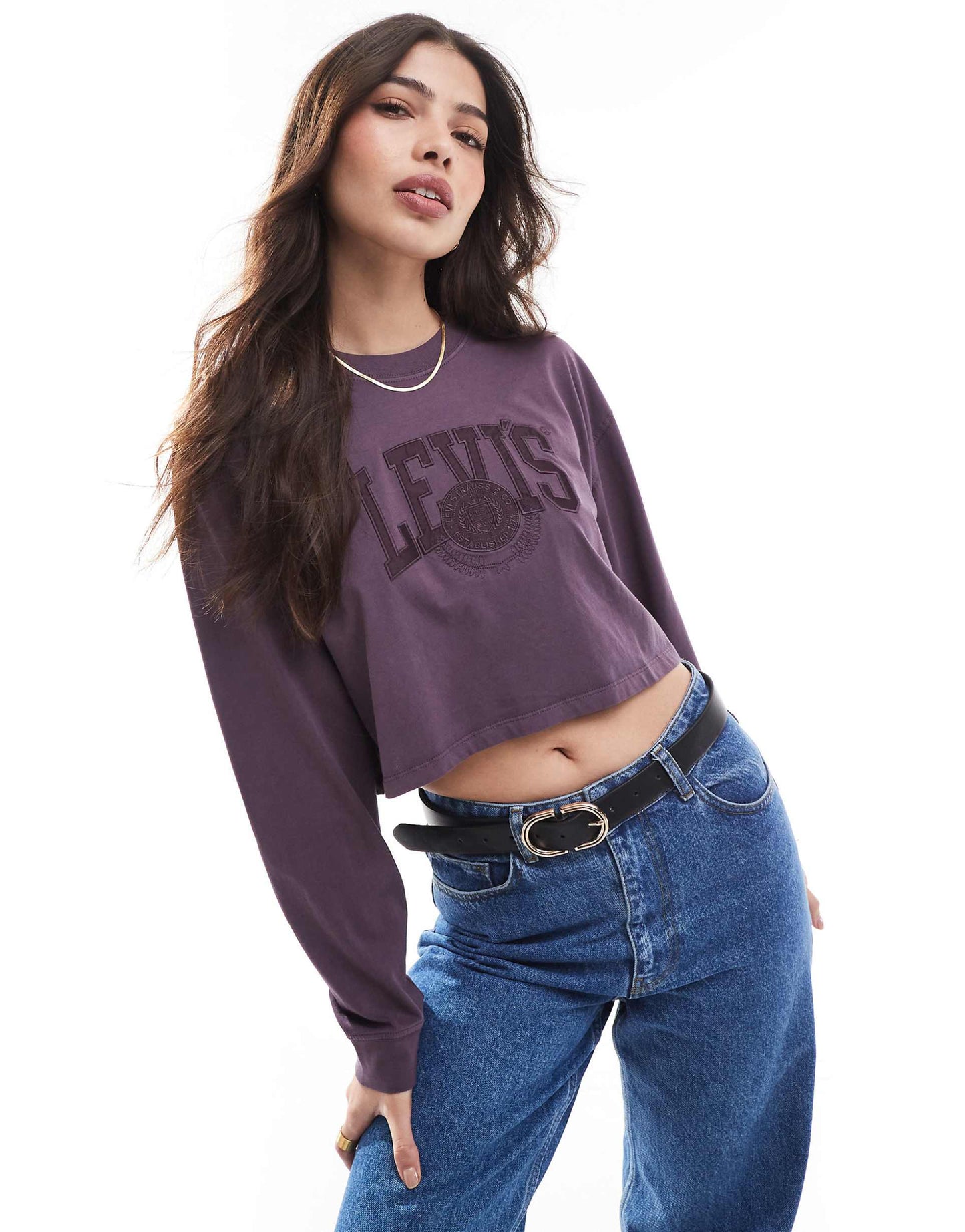 Varsity Tonal Logo Crop Long Sleeve T-Shirt