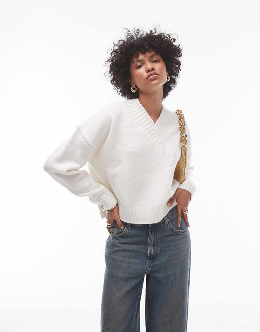 Knitted High V-Neck Clean Jumper