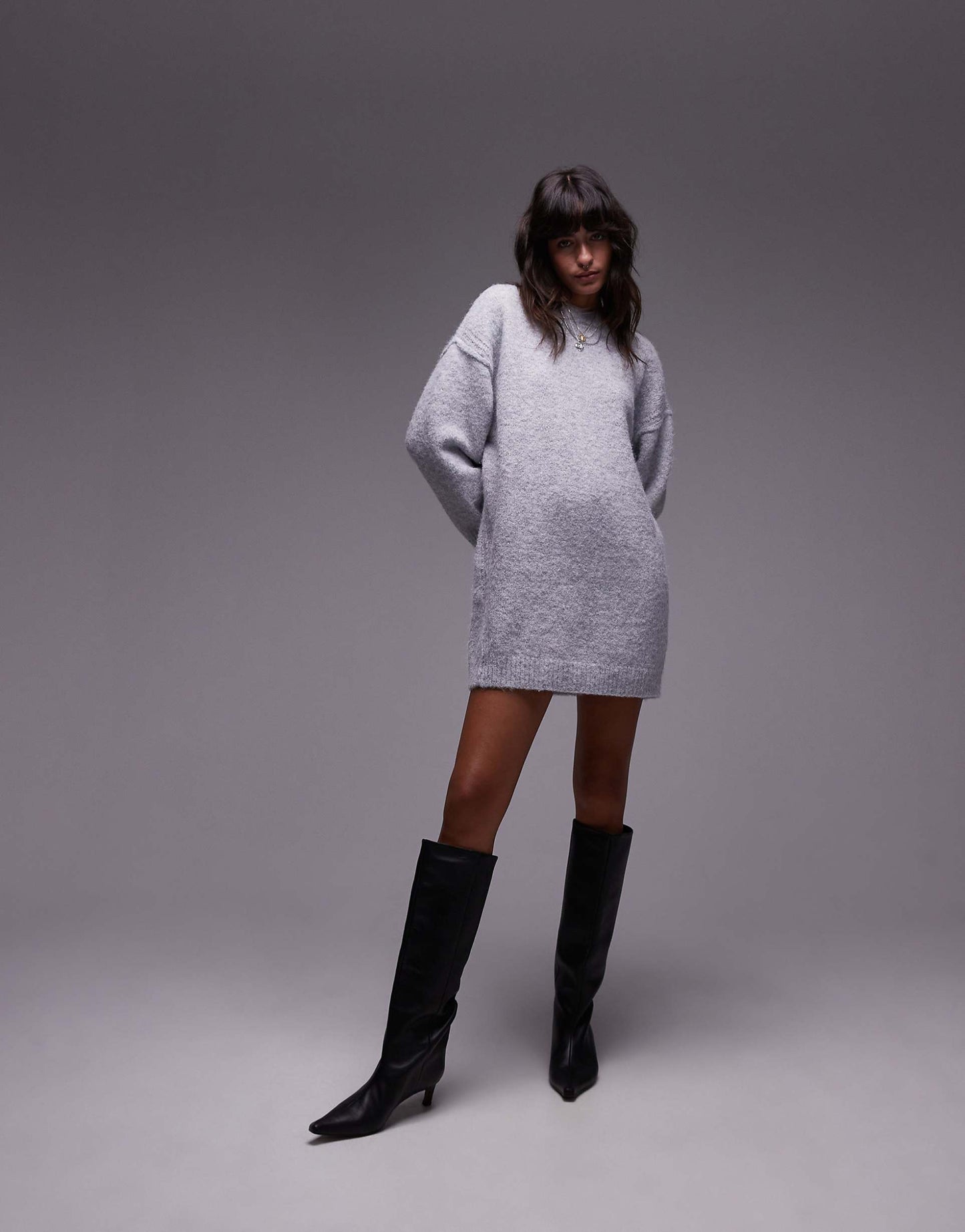 Knitted Oversized Crew Mini Dress With Exposed Seam Detail