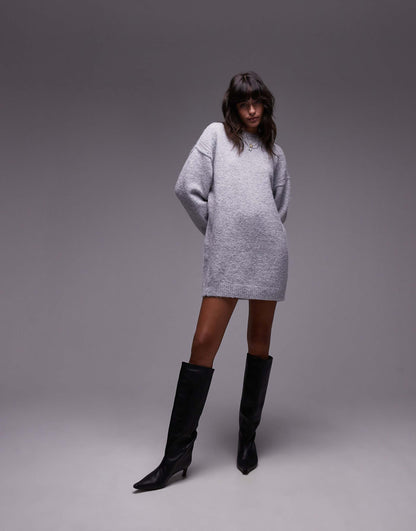 Knitted Oversized Crew Mini Dress With Exposed Seam Detail