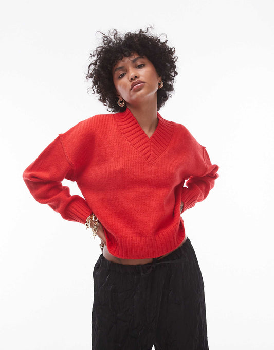Knitted High V-Neck Clean Jumper