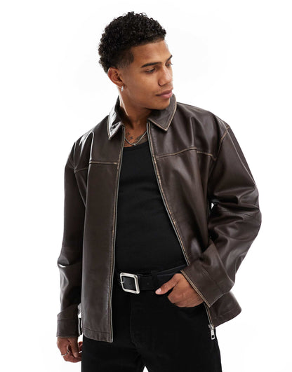 Premium Real Leather Oversized Distressed Harrington Jacket