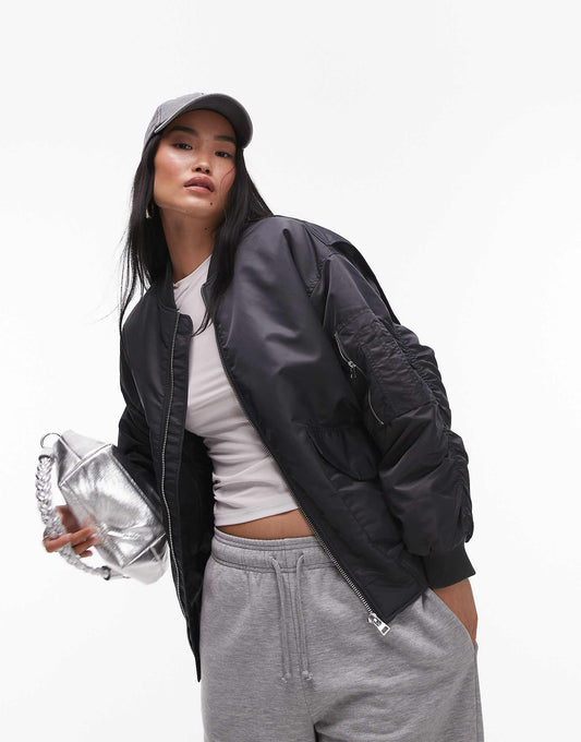 Nero Collar Nylon Bomber Jacket