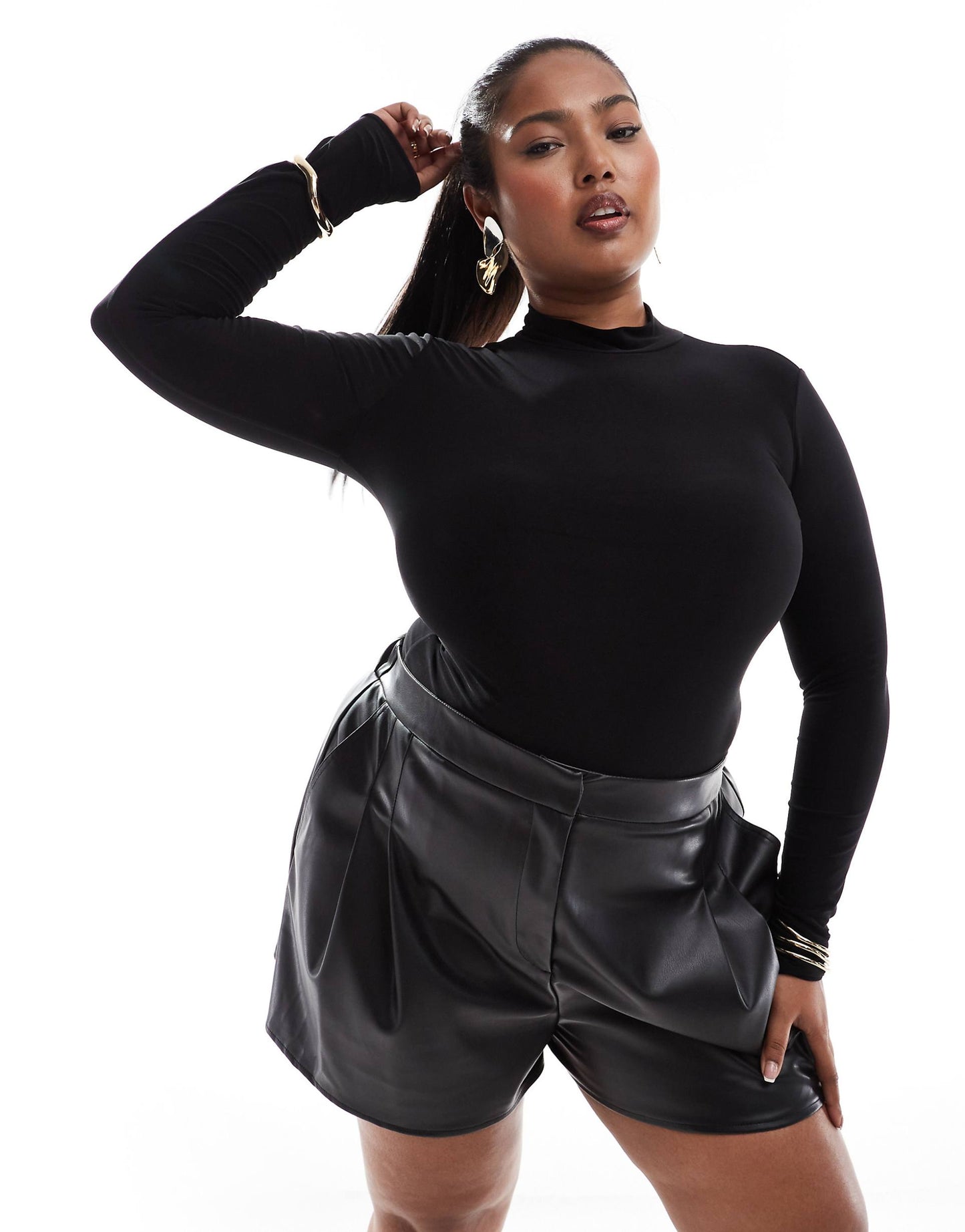 Curve Double Layer Slinky High Neck Long Sleeve Bodysuit