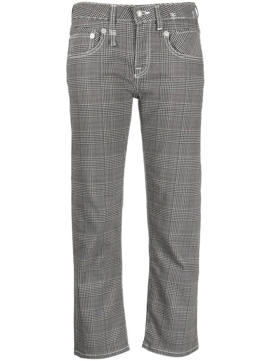 Check-Print Low-Waist Cropped Jeans