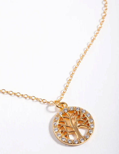 Gold Plated Sterling Silver Cubic Zirconia Tree Of Life Necklace