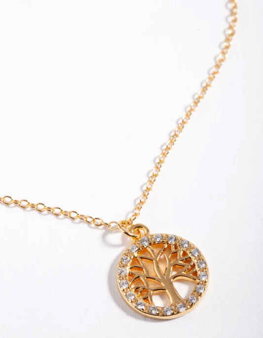 Gold Plated Sterling Silver Cubic Zirconia Tree Of Life Necklace