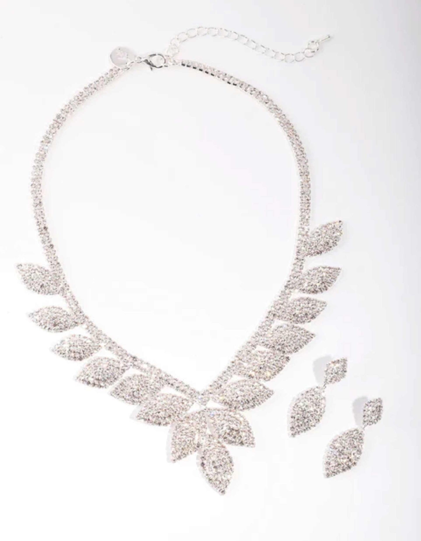 Silver Single Leaf Diamante Earrings & Necklace Set