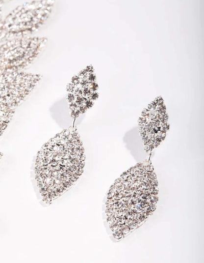 Silver Single Leaf Diamante Earrings & Necklace Set