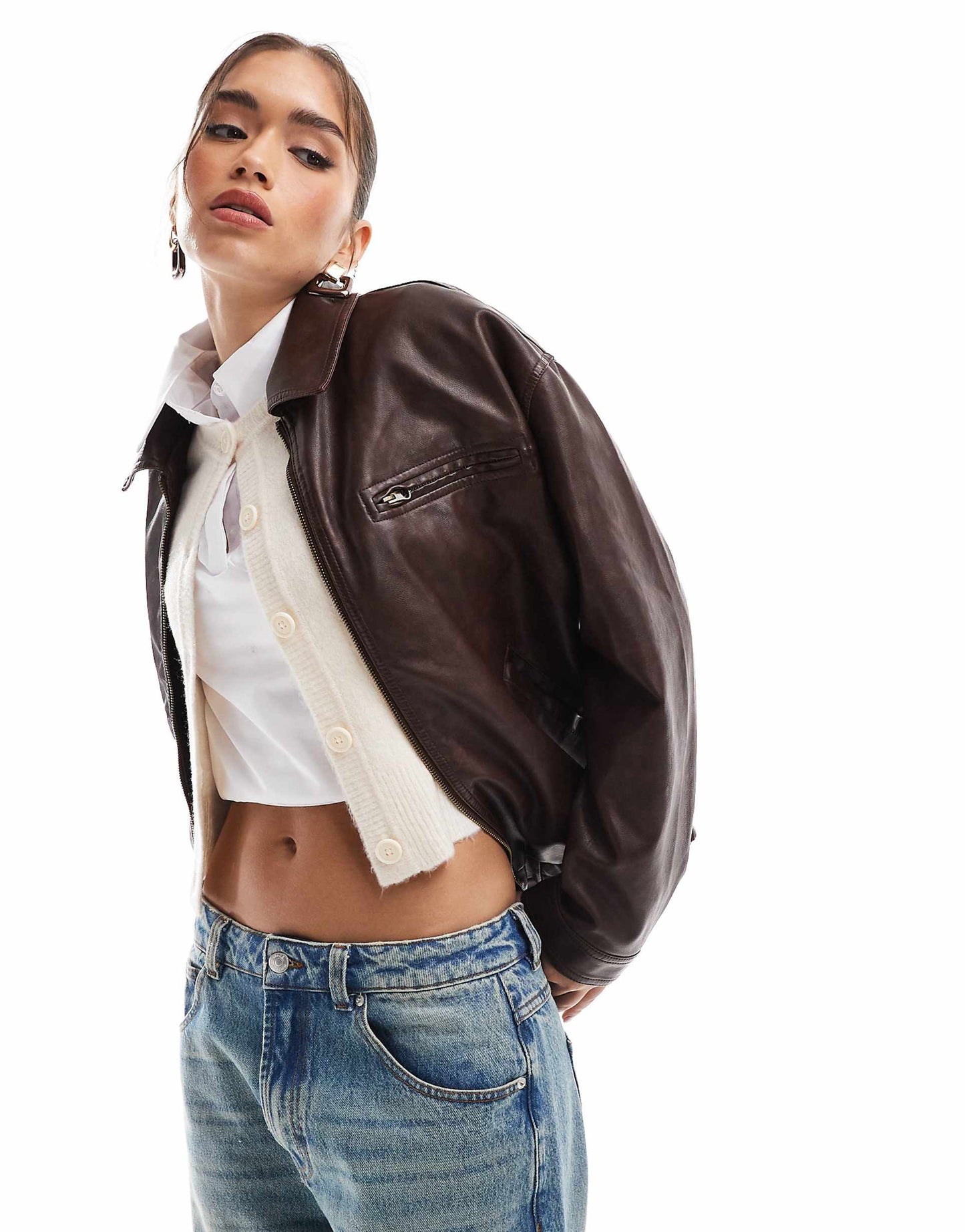 Leather Look Top Collar Jacket