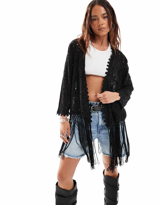 Festival Embellished Cutwork Fringe Kimono Jacket