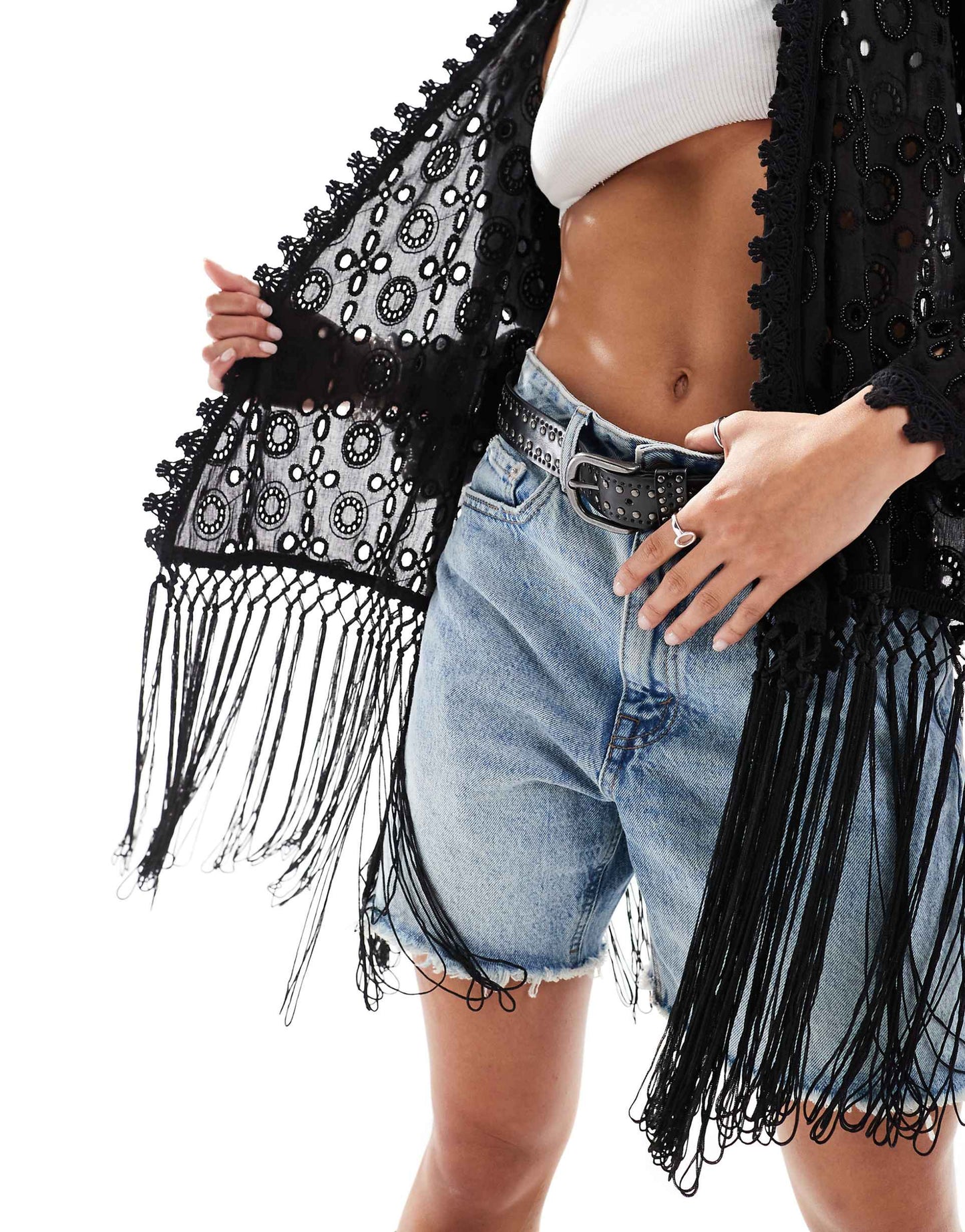 Festival Embellished Cutwork Fringe Kimono Jacket