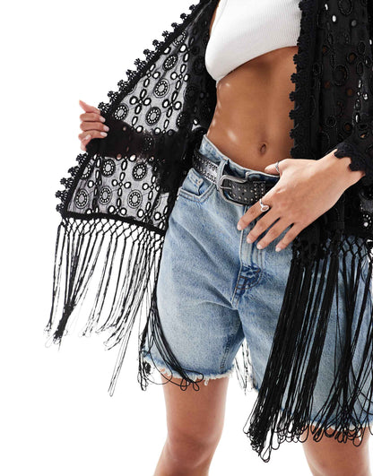 Festival Embellished Cutwork Fringe Kimono Jacket