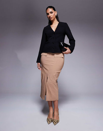 Bengaline Structured Split Front Pocket Detail Midi Skirt