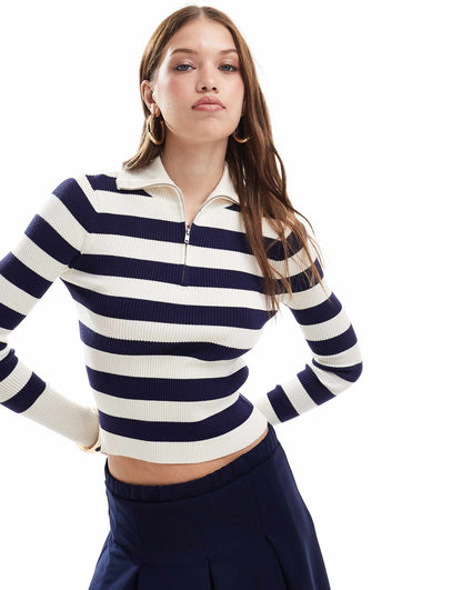 Rib Knit Half Zip Collar Detail Top